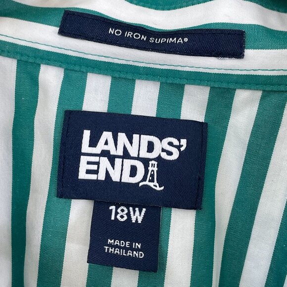 Lands End Womens Plus 18W No Iron Supima Cotton Green White Striped Shirt Blouse - Picture 4 of 10